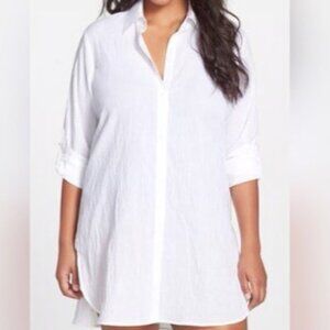 INC Sz L White Button Up Tunic Semi Sheer Cover Up Long Sleeves‎ Dress Shirt